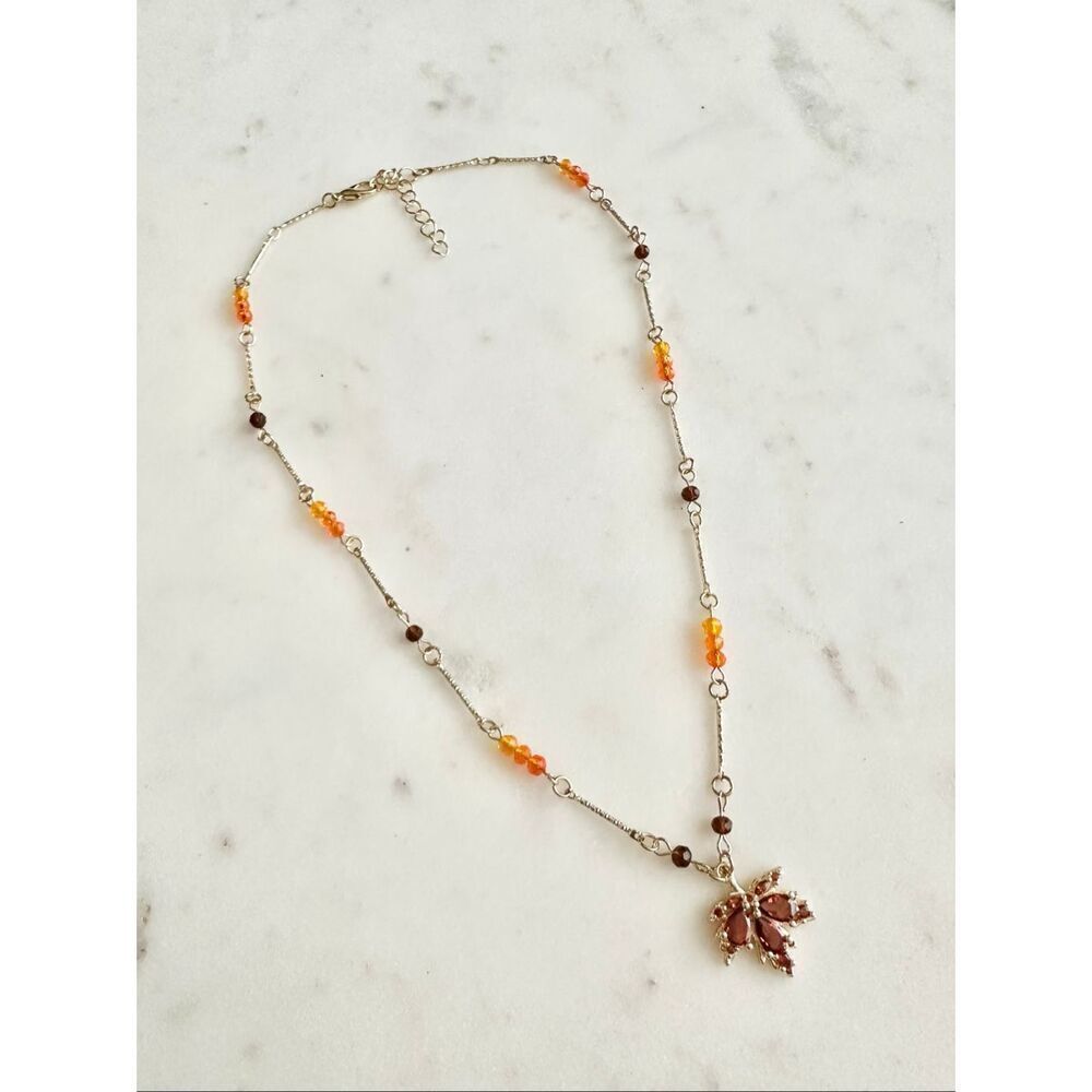 Bright Orange fall Maple leaf dangle cubic zirconia beaded necklace